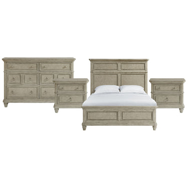 Whit-Ash queen panel bed in light gray with 6-drawer dresser and two nightstands, front view