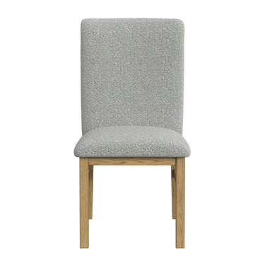 Portland side chair in natural wood finish with gray textured fabric seat and back, front view