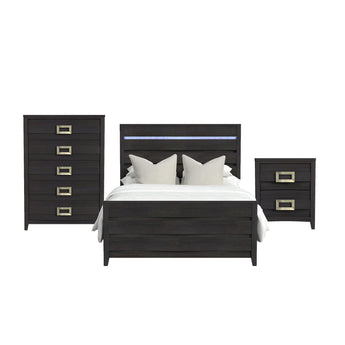 Tobias black 3 piece bedroom set: LED headboard bed, 5-drawer chest and 2-drawer nightstand, front view