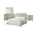 Matias bedroom set in white: queen/full headboard with bed, dresser with arched mirror, and two-drawer nightstand, front view