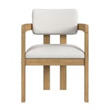 Portland arm chair in natural wood finish with white textured seat and back, straight front view