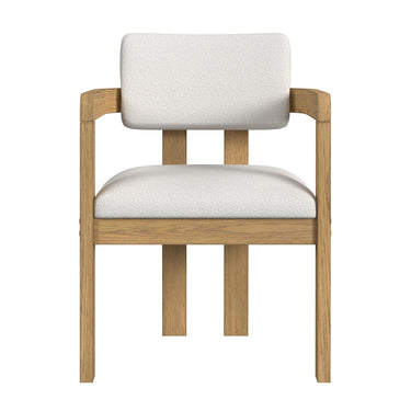 Portland arm chair in natural wood finish with white textured seat and back, straight front view