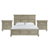 Whit-Ash light grey panel bed with three-panel headboard between two 2-drawer nightstands, front view