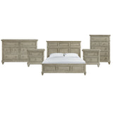 Whit-Ash light grey dresser, two nightstands, three-panel headboard bed and five-drawer chest, front view