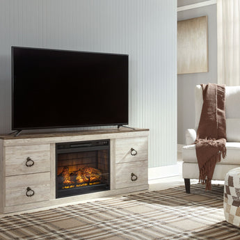 Willowton - 2 Pc. - TV Stand With Faux Firebrick Fireplace Insert - Whitewash