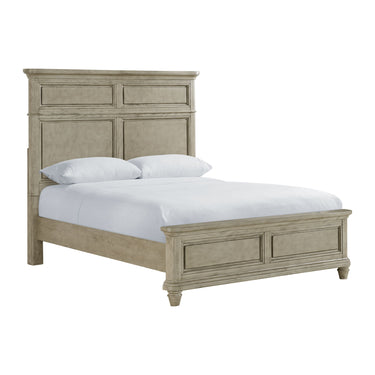 Whit-Ash queen panel bed in light gray, angled view showing headboard panels and bun feet