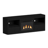 Rosalie 71" TV console in Black, angled view with fireplace insert, open shelves and two drawers