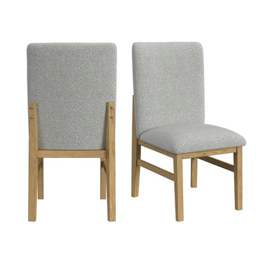 Two Portland side chairs in natural wood with gray fabric, one back view and one angled front view