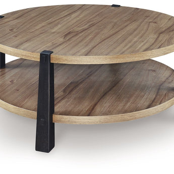 Ridgester - Round Cocktail Table - Light Brown / Black
