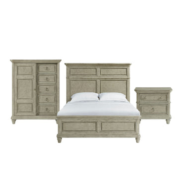 Whit-Ash queen panel bed in light gray with door chest and 2-drawer nightstand, front view