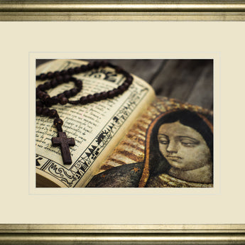 Rosary In Bible By Kbuntu - Framed Print Wall Art - Beige