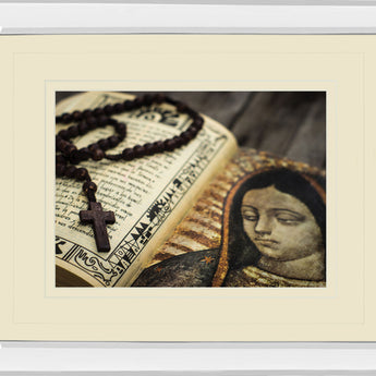 Rosary In Bible By Kbuntu - Mirror Framed Print Wall Art - Beige