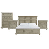 Whit-Ash light grey five-drawer chest, two nightstands and bed with three-panel headboard, front view