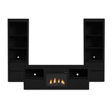 Rosalie 4-piece entertainment unit in Black, front view with side piers, TV console and lit fireplace insert