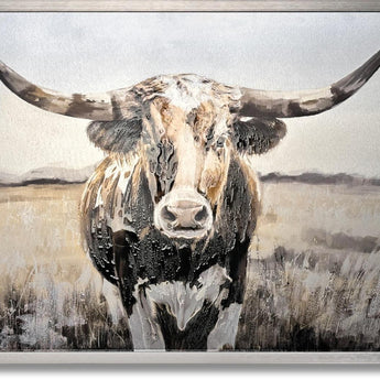 Dusted Plains Longhorn - 32" x 47" Framed Wall Art - Beige