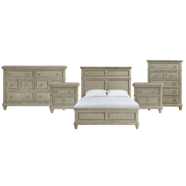 Whit-Ash queen panel bed in light gray with dresser, two nightstands and 5-drawer chest, front view