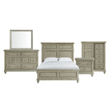 Whit-Ash queen panel bed in light gray with dresser, mirror, nightstand and door chest, front view