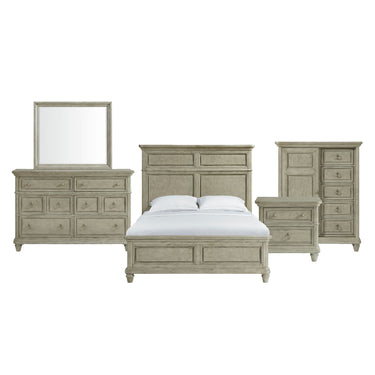Whit-Ash queen panel bed in light gray with dresser, mirror, nightstand and door chest, front view