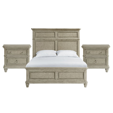 Whit-Ash light grey bed with two-panel headboard between two 2-drawer nightstands, front view