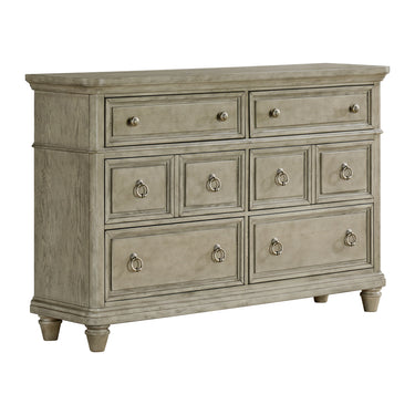 Whit-Ash light grey six-drawer dresser with antique bronze knobs and ring pulls, angled view