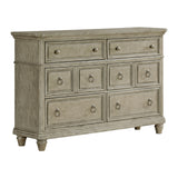 Whit-Ash 6-drawer dresser in light gray, angled view with bronze knobs and ring pulls