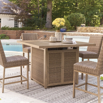 Walton Bridge - 5 Pc. - Square Bar Table W/Fire Pit, 4 Barstools - Driftwood