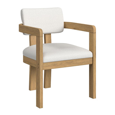 Portland arm chair in natural wood finish with white textured upholstery, angled front view