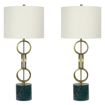 "Marble Harmony" Metal Table Lamp On Marble Base (Set of 2) - Green Marble / Matte Golden Bronze