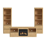 Rosalie 4-piece entertainment unit in Natural, front view with two side piers and console holding fireplace insert