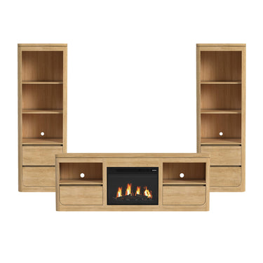 Rosalie 4-piece entertainment unit in Natural, front view with two side piers and console holding fireplace insert