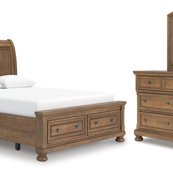 Feddinger - 3 Pc. - Queen Sleigh Storage Bed, Dresser And Mirror - Medium Brown