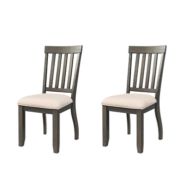 Two Stone side chairs in smokey walnut finish with slat backs and taupe upholstered seats, front angle view