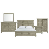 Whit-Ash king panel bed in light gray with dresser, mirror, nightstand and door chest, front view