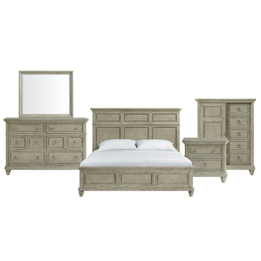 Whit-Ash king panel bed in light gray with dresser, mirror, nightstand and door chest, front view