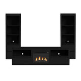 Rosalie 4-piece entertainment unit in black, 82" TV console with fireplace insert flanked by two side piers
