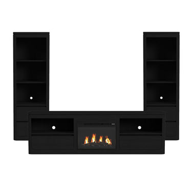 Rosalie 4-piece entertainment unit in black, 82" TV console with fireplace insert flanked by two side piers