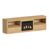 Rosalie 82" TV console in light brown with black fireplace insert, angled view with open shelves and drawers