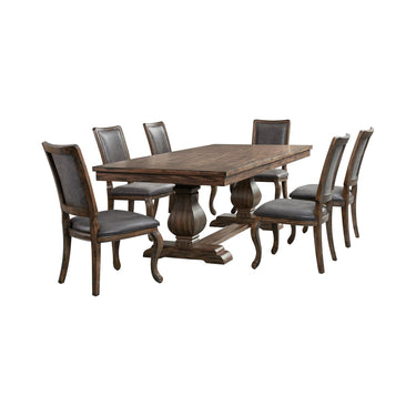 Gramercy 7 piece dining set with walnut pedestal table and six rectangle back chairs with curved legs