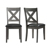 Two Alex dining side chairs in Grey, front and angled views, X-back with black faux leather seats