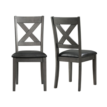 Two Alex dining side chairs in Grey, front and angled views, X-back with black faux leather seats