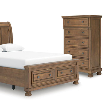Feddinger - 5 Pc. - Queen Sleigh Storage Bed, Dresser, Mirror, Chest And Nightstand - Medium Brown