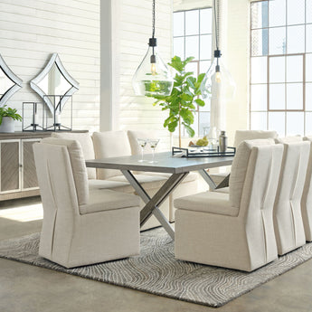 Krystanza - 9 Pc. - Dining Room Table, 8 Oatmeal Side Chairs - Weathered Gray