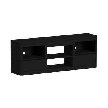 Rosalie TV console in Black finish without insert, angled view showing center bay with a shelf