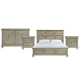 Whit-Ash light grey six-drawer dresser, two nightstands and three-panel headboard bed, front view