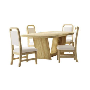 Ridgemont 5 piece dining set in natural, rectangular table with four white upholstered side chairs, angled view