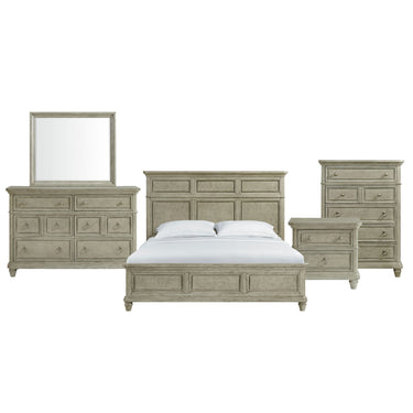 Whit-Ash light grey dresser with mirror, three-panel headboard bed, nightstand and five-drawer chest, front view