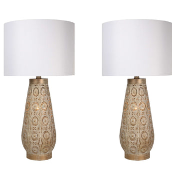 "Celestial Carve" Laser Cut Metal Table Lamp With Night Light (Set of 2) - Distressed White / Distressed Tan