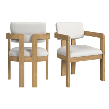 Two Portland arm chairs in natural wood with white textured fabric, shown from the back and front angle