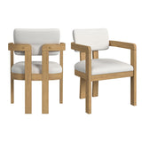 Two Portland arm chairs in natural wood with white textured fabric, shown from the back and front angle