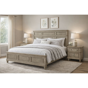 Whit-Ash light grey three-panel headboard bed with two nightstands in a styled bedroom scene
